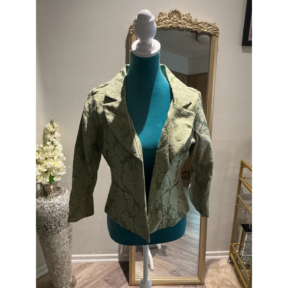 Vintage Sage Green Floral Brocade‎ Cropped Blazer Peplum Jacket Notched Lapel - Picture 4 of 7